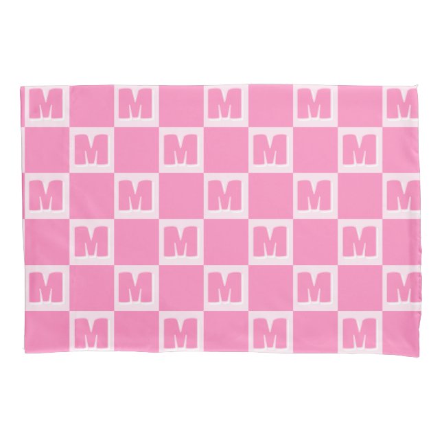 Trendy Pink Monogram Checkered Initial  Pillowcase (Front)