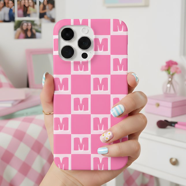 Trendy Pink Monogram Chequered Initial  iPhone Case (Creator Uploaded)
