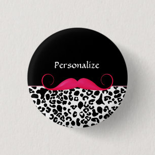 Trendy Pink Moustache Girly Leopard Print With Nam 3 Cm Round Badge
