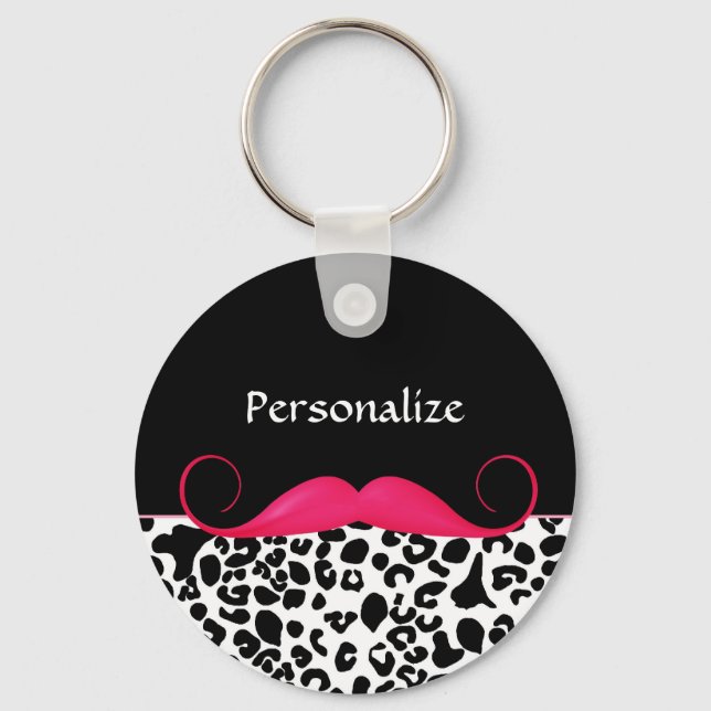 Trendy Pink Moustache Girly Leopard Print With Nam Key Ring (Front)