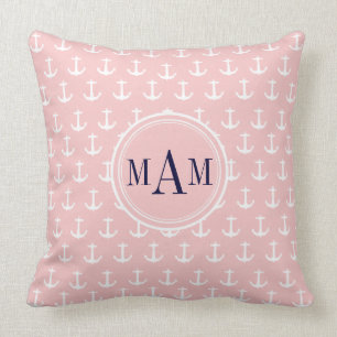 Trendy Pink Nautical Anchor Monogram Throw Pillow