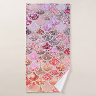 Trendy Pink Ombre Glitter Mermaid Fish Scales Bath Towel Set