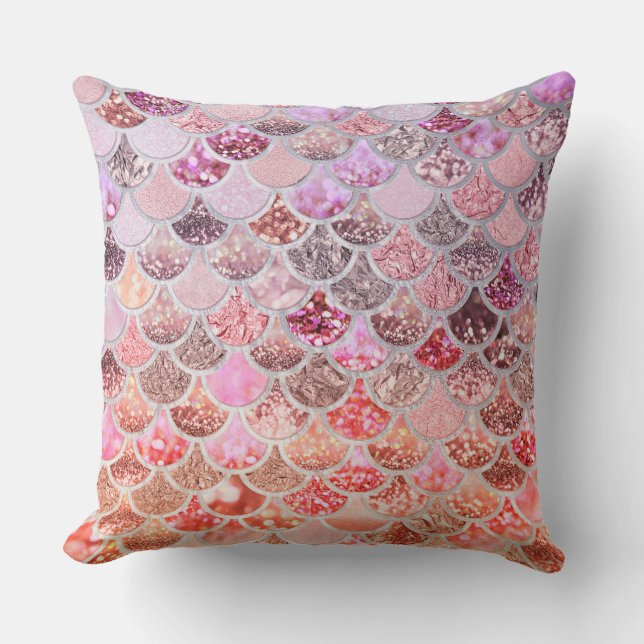 Trendy Pink Ombre Glitter Mermaid Fish Scales Cushion (Front)