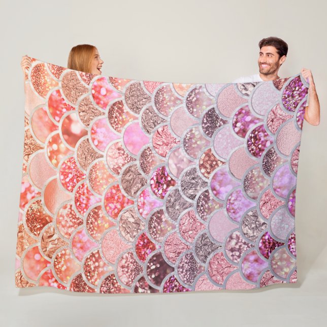 Trendy Pink Ombre Glitter Mermaid Fish Scales Fleece Blanket (In Situ)
