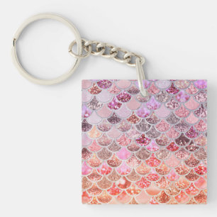 Trendy Pink Ombre Glitter Mermaid Fish Scales Key Ring