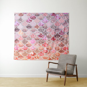 Trendy Pink Ombre Glitter Mermaid Fish Scales Tapestry