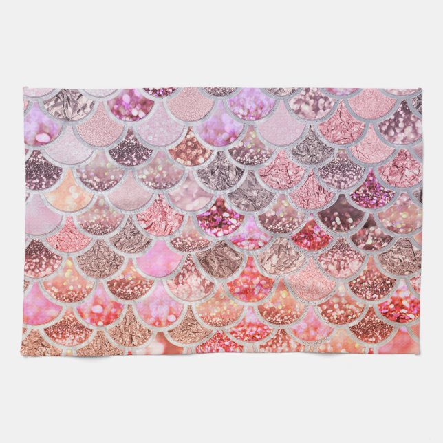 Trendy Pink Ombre Glitter Mermaid Fish Scales Tea Towel (Horizontal)