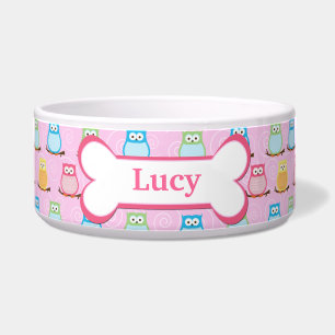 Trendy Pink Owls Customised Pet Dog Food Bowl
