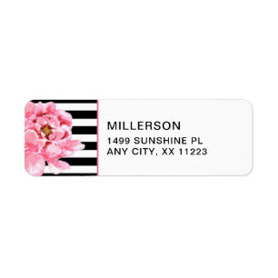 Trendy Pink Peonies + black white stripes address Return Address Label