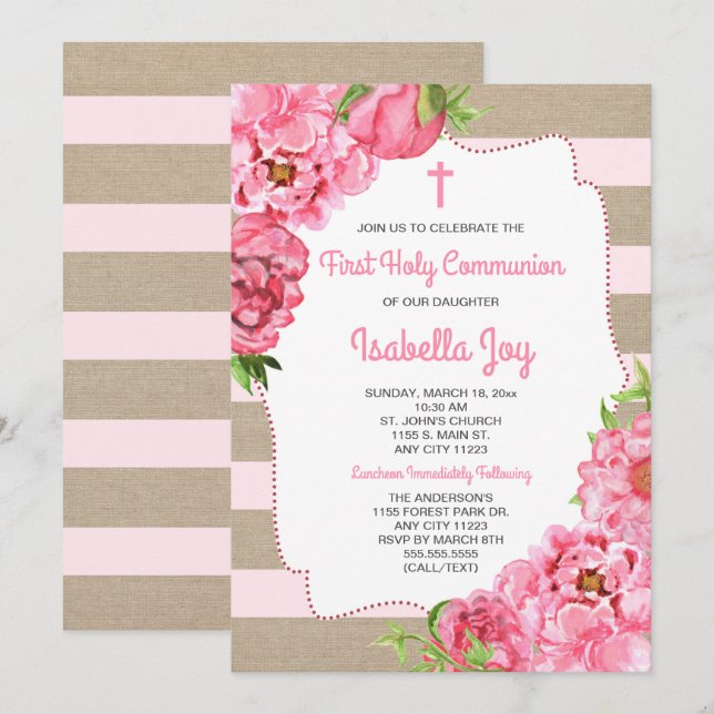 Trendy Pink Peonies First Holy Communion canvas Invitation (Front/Back)