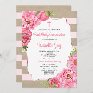Trendy Pink Peonies First Holy Communion canvas Invitation