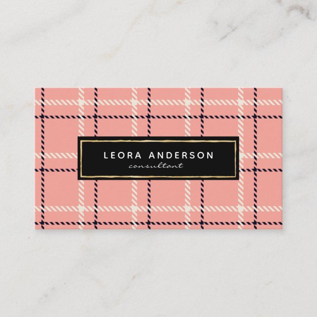 Trendy Pink Plaid and Tweed Business Card (Front)