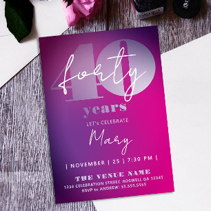 Trendy Pink Purple 40th Bday Ombre Bold Typography Invitation