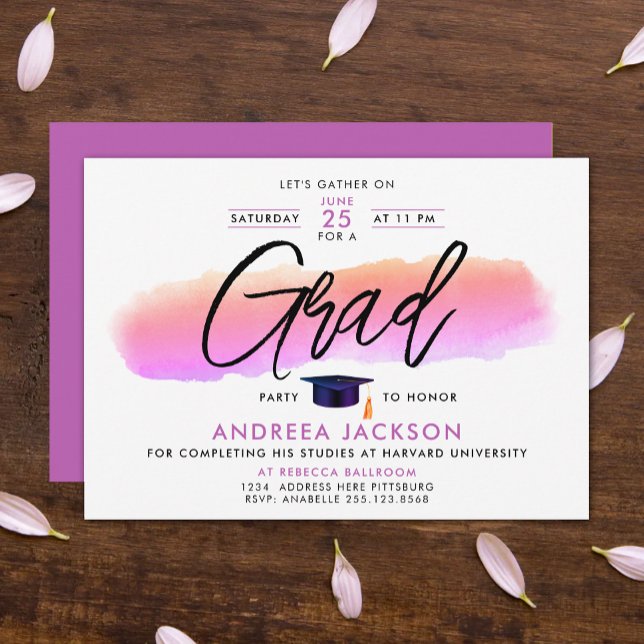 Trendy Pink Purple Grad Cap Bold Script Watercolor Invitation (Creator Uploaded)