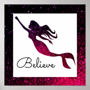 Trendy Pink & Purple Mermaid Silhouette   Believe Poster