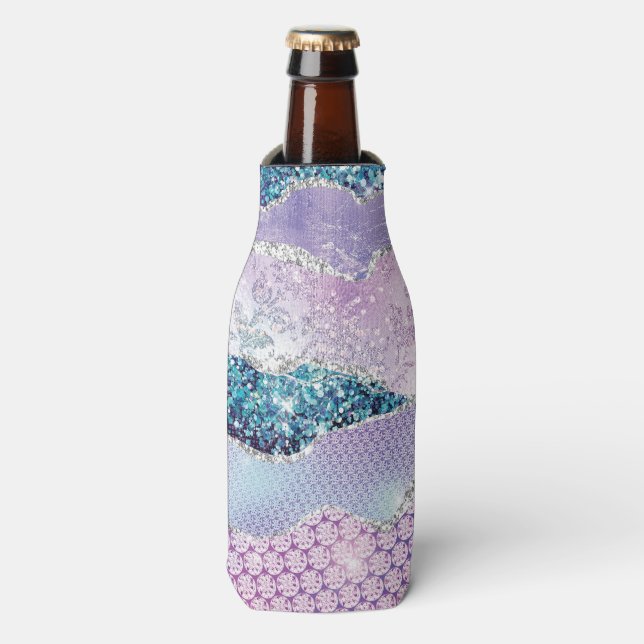 Trendy Pink Purple Silver Agate  Bottle Cooler (Bottle Front)