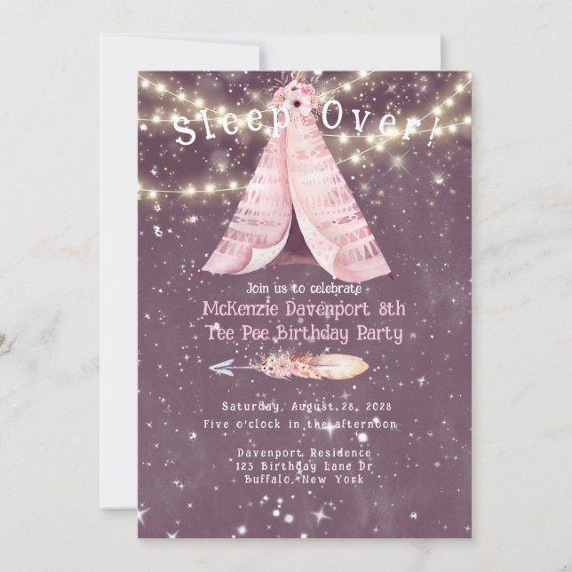 Trendy Pink Purple Tee Pee Girl Birthday Party Inv Invitation (Front)
