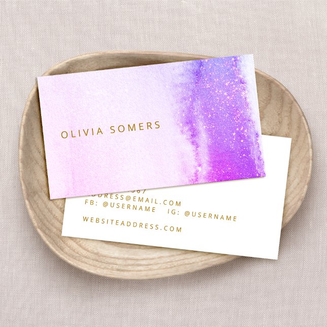 Trendy Pink Purple Watercolor Glitter Business Card (Creator Uploaded)