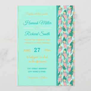 Trendy Pink Rainbow Finch Bird & Green Foliage Invitation