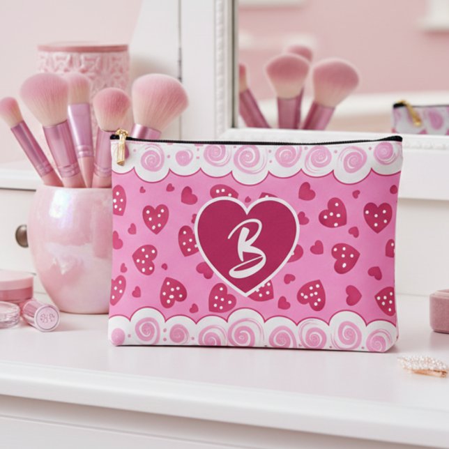 Trendy Pink Red Hearts With Dots And Swirls Accessory Pouch (What better gift for that girl in your life than a soft pink cosmetic bag covered with your love.)