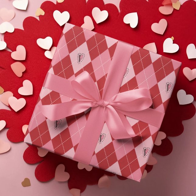 Trendy Pink Red Large Argyle Hearts Pattern Kids Wrapping Paper (Trendy Valentine Design Featuring Cute Pink & Red Large Argyle Pattern with Girly Hand-Drawn Hearts)
