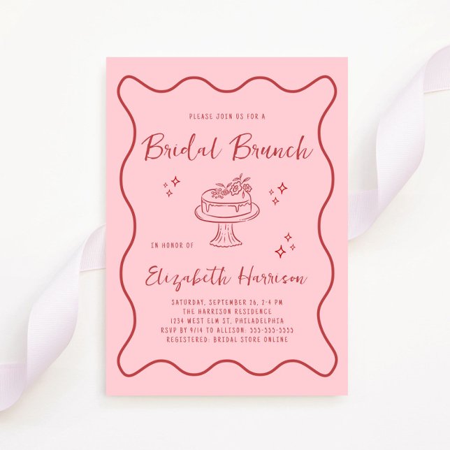 Trendy Pink Red Wavy Frame Bridal Brunch Shower Invitation (Whimsical pink + red bridal brunch shower invitation to set the tone for an unforgettable event)