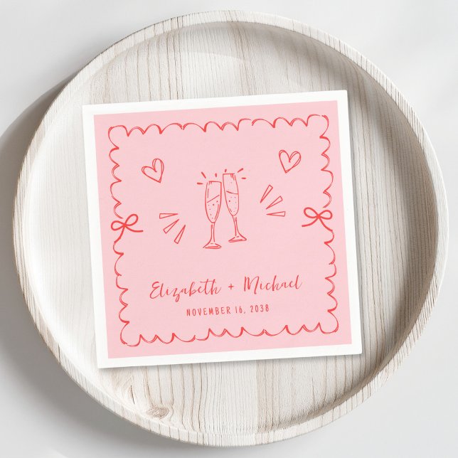Trendy Pink Red Wavy Frame Wedding Napkin (Creator Uploaded)