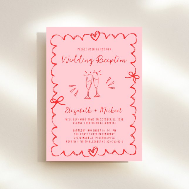 Trendy Pink Red Wavy Frame Wedding Reception Invitation (Whimsical pink + red wedding reception invitation to set the tone for an unforgettable event)