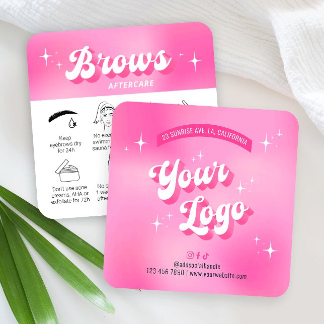Trendy Pink Retro Groovy Brows After Care Cards (Trendy brows care cards with icons, featuring girly pink design, care icons & retro fonts)