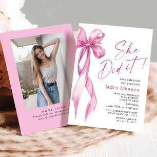 Trendy Pink Rose Bow Ribbon PHOTO Graduation Party Invitation