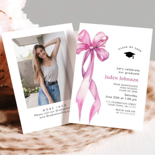 Trendy Pink Rose Bow Ribbon PHOTO Graduation Party Invitation (Creator Uploaded)