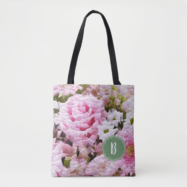 Trendy Pink Rose Floral Monogram  Design Tote Bag (Front)
