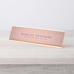 Trendy Pink Rose Gold Chevron Modern Monogrammed Desk Name Plate