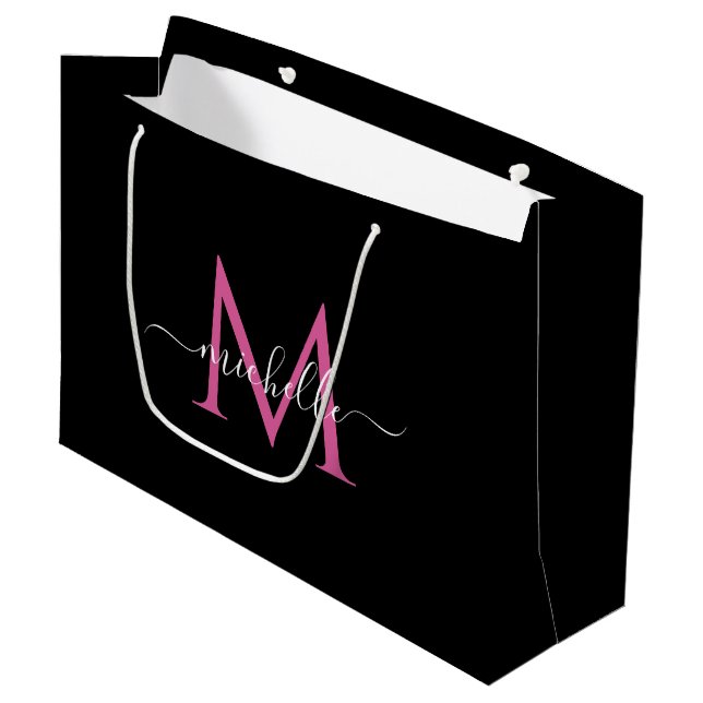 Trendy pink script monogram large gift bag (Front Angled)