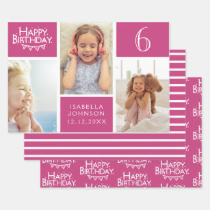 Trendy Pink Stripe Photo Collage Happy Birthday Wrapping Paper Sheet