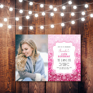 Trendy Pink Stripes Floral Frame Photo Birthday  Invitation