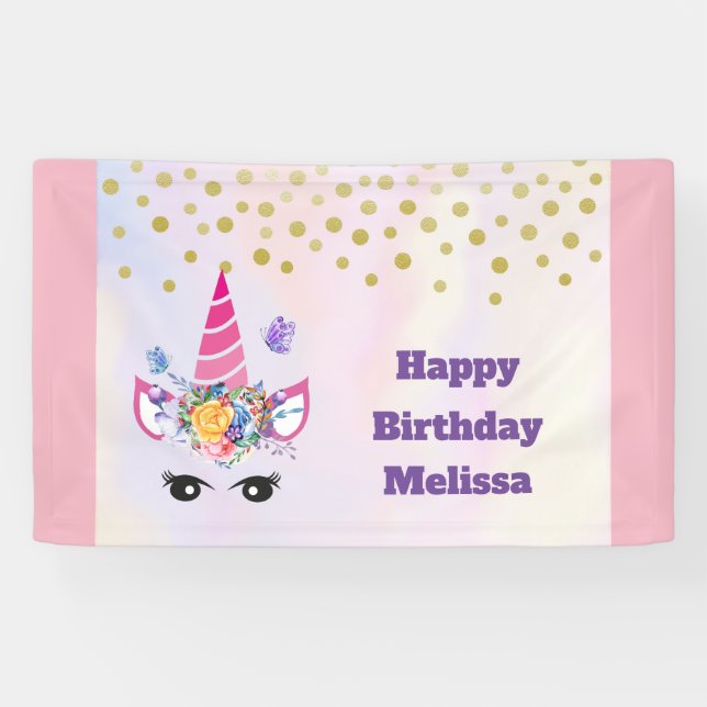 Trendy Pink Unicorn Confetti & Flowers Birthday Banner (Horizontal)