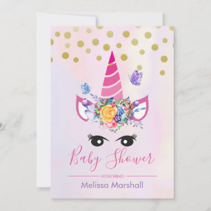 Trendy Pink Unicorn with Flowers Baby Shower Invitation