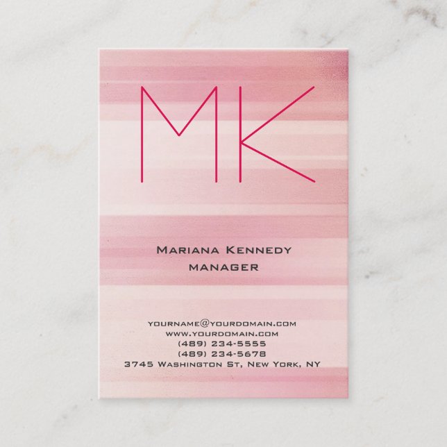 Trendy pink unique plain simple monogram business card (Front)