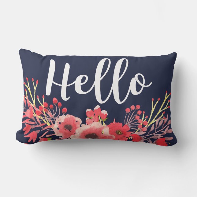 Trendy Pink Watercolor Flowers Hello Script Lumbar Cushion (Front)