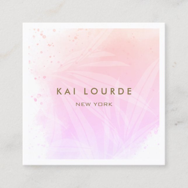 Trendy  Pink Watercolor Plants Leaves Square  Business Card (Front)