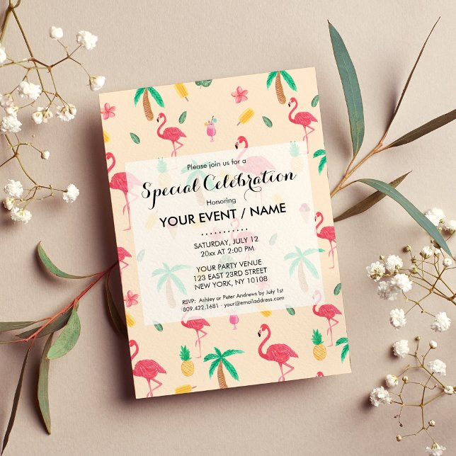 Trendy pink watercolor tropical flamingo floral invitation (Trendy pink watercolor tropical flamingo floral )