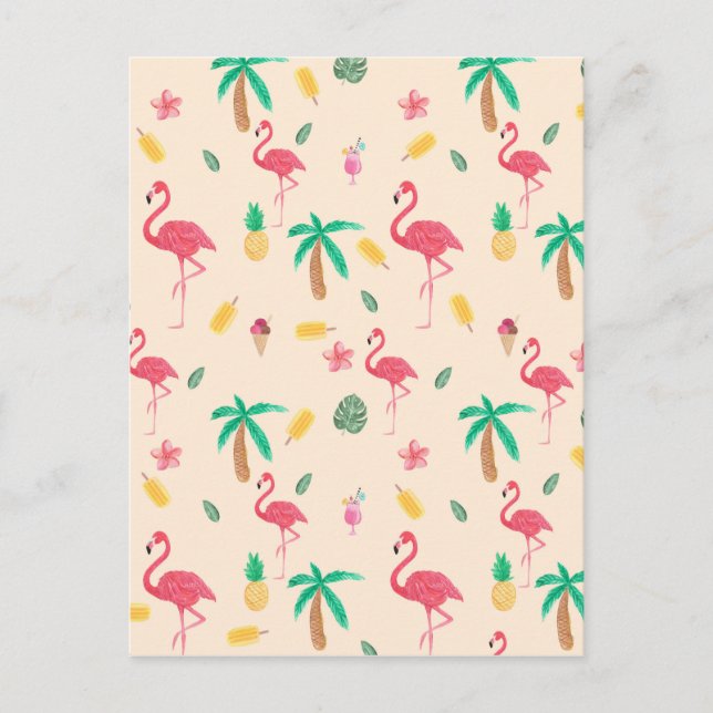 Trendy pink watercolor tropical flamingo floral postcard (Front)