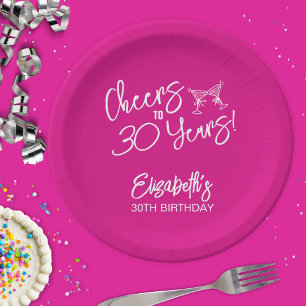 Trendy Pink Whimsical Hand Drawn 30th Birthday Paper Plate
