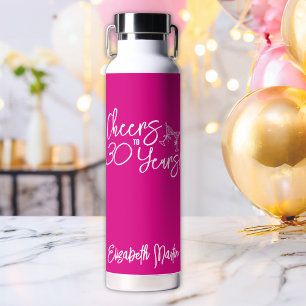 Trendy Pink Whimsical Hand Drawn 30th Birthday Water Bottle