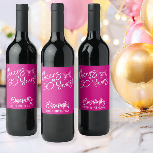 Trendy Pink Whimsical Hand Drawn 30th Birthday Wine Label