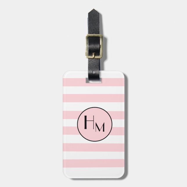 Trendy Pink & white stripe monogram luggage tag (Front Vertical)