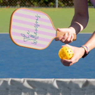 Trendy Pink White Stripes Custom Script Wedding Pickleball Paddle