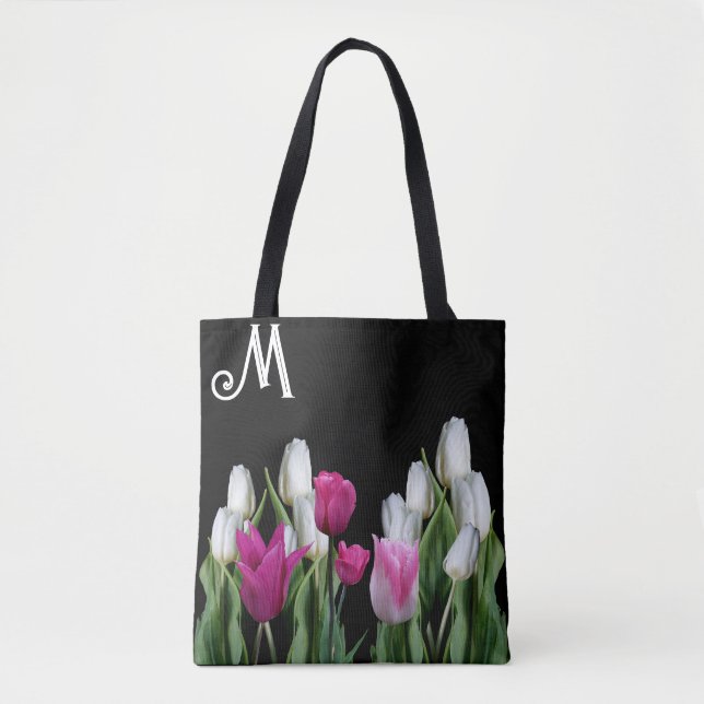 Trendy pink white tulips floral green black girly tote bag (Front)