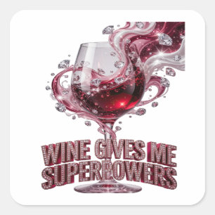 Trendy Pink WINE GIVES ME SUPERPOWERS Vinyl Style Square Sticker